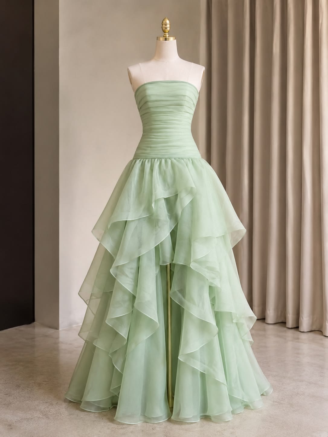 Strapless Mint Green Ruffled Long Prom Dress Tulle Evening Dress J11077