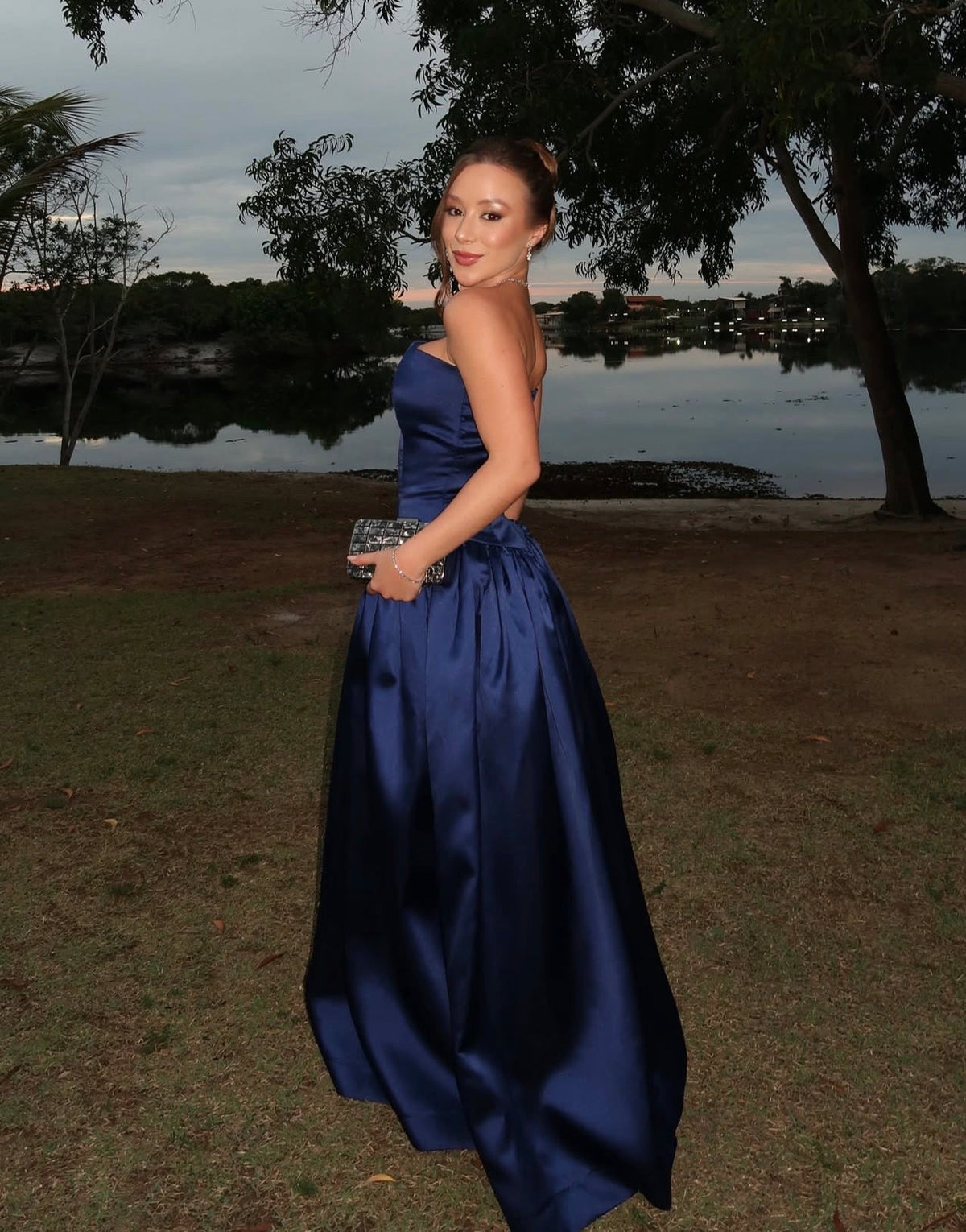 Strapless Navy Blue A Line Wedding Guest Dress Long Evening Dress J11345