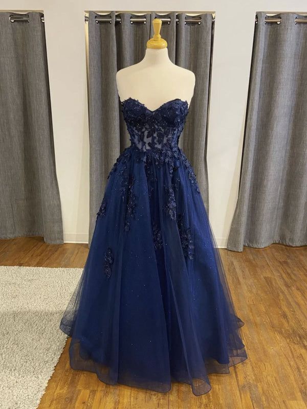 Strapless Navy Blue Appliques Prom Dress Formal Evening Dress J10362