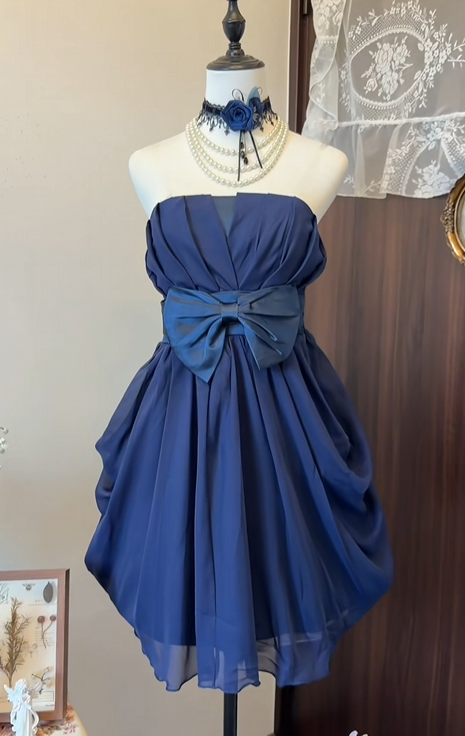 Strapless Navy Blue Chiffon Homecoming Dress With Bow