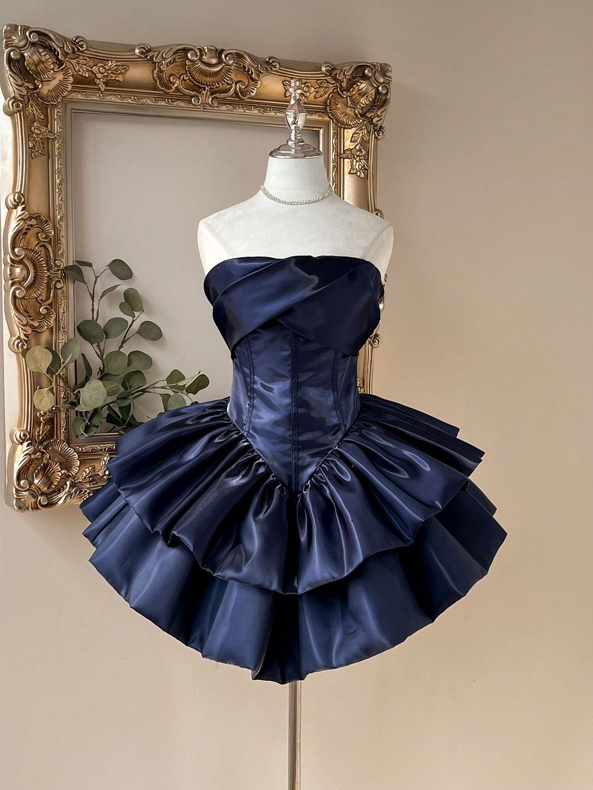 Strapless Navy Blue Satin Homecoming Dress Short Birthday Dress J10792