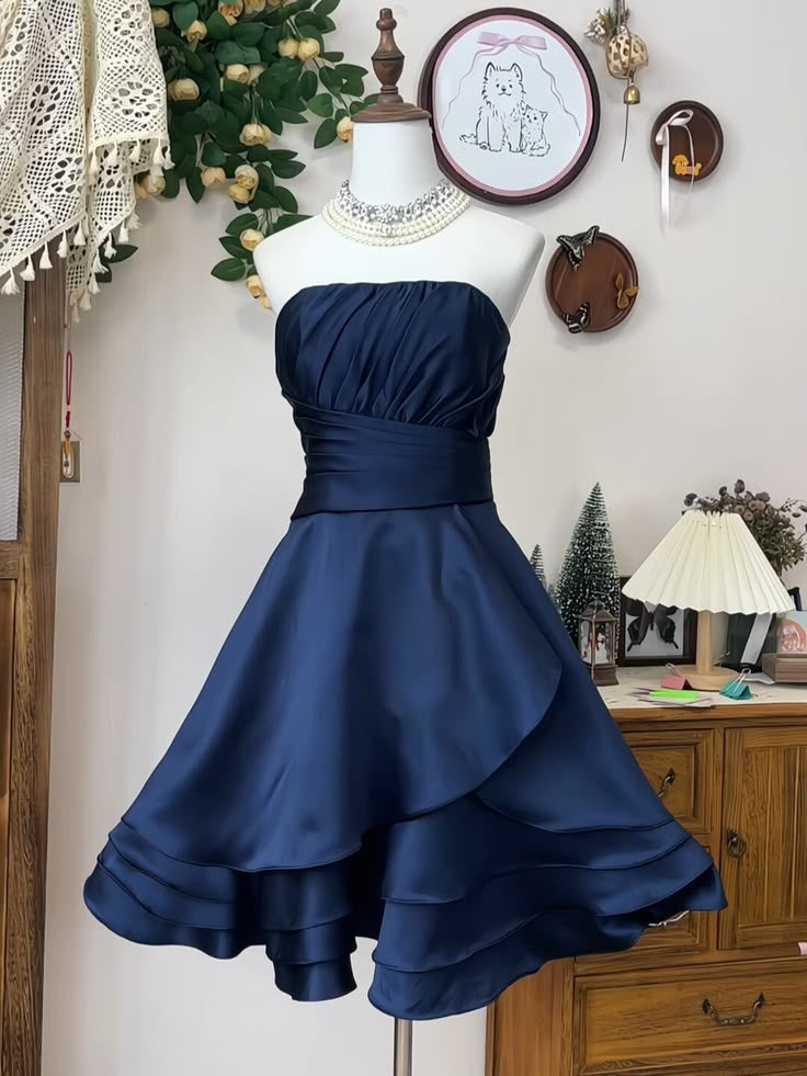 Strapless Navy Blue Satin Ruffled Homecoming Dress J11499