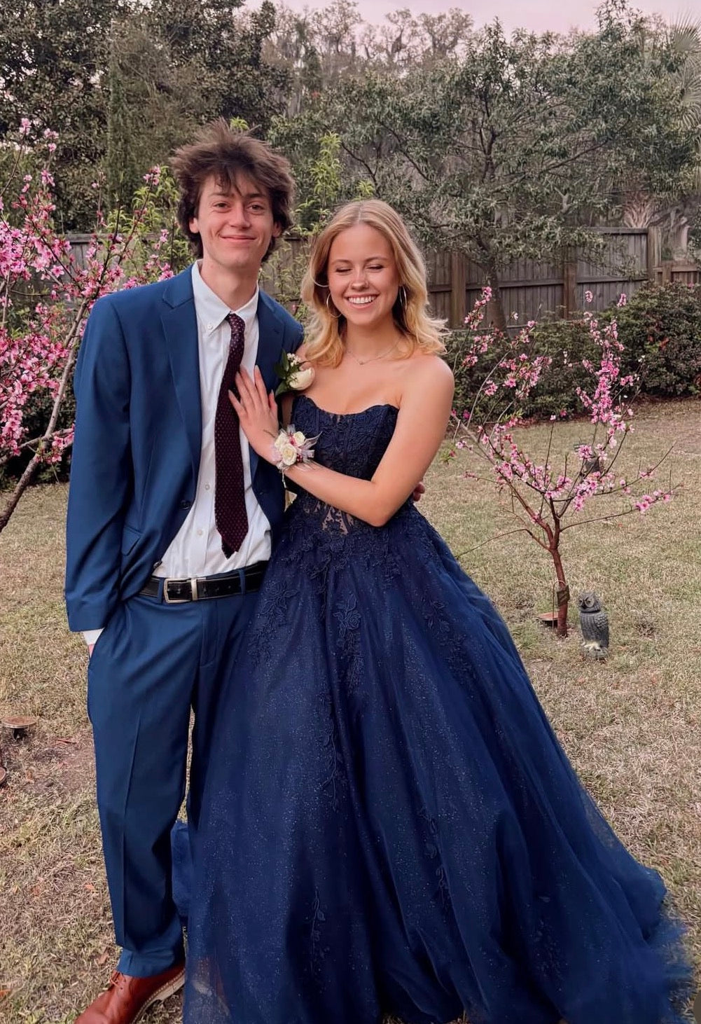 Strapless Navy Blue Sparkle Prom Dress Tulle Appliques Evening Dress