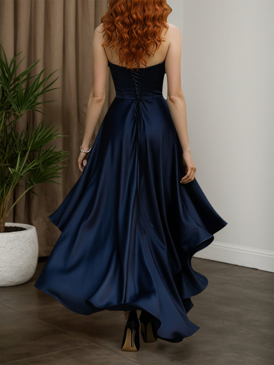 Strapless Navy Satin High-Low Ruffle Ball Gown - View 2 | FashionDia
