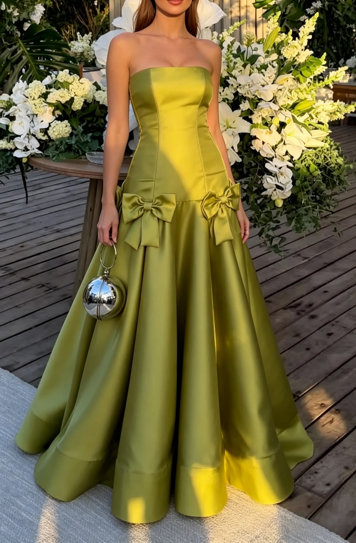 Strapless Olive Green Formal Wedding Guest Dress With Bow Knots