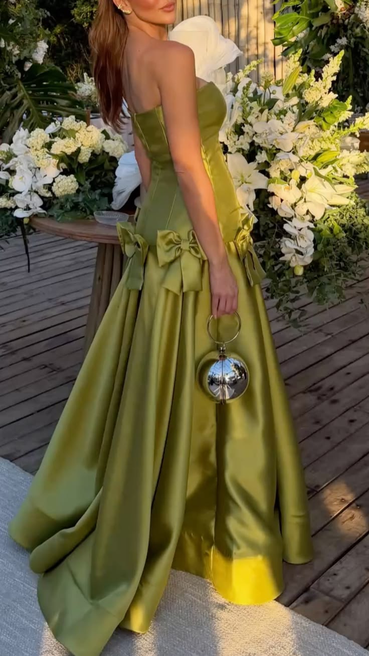 Strapless Olive Green Formal Wedding Guest Dress With Bow Knots