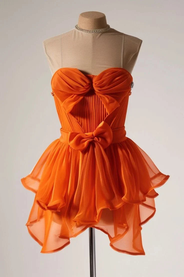 Strapless Orange Chiffon Homecoming Dress Ruffled Short Dress