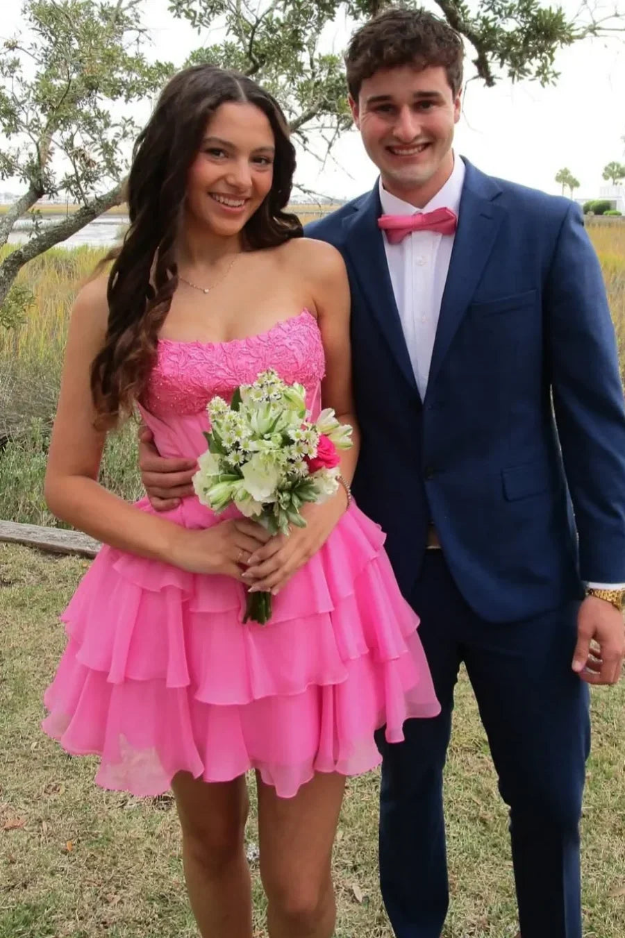 Strapless Pink A Line Homecoming Dress Layered Short Dress J11447
