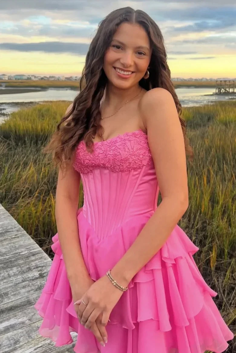 Strapless Pink A Line Homecoming Dress Layered Short Dress J11447