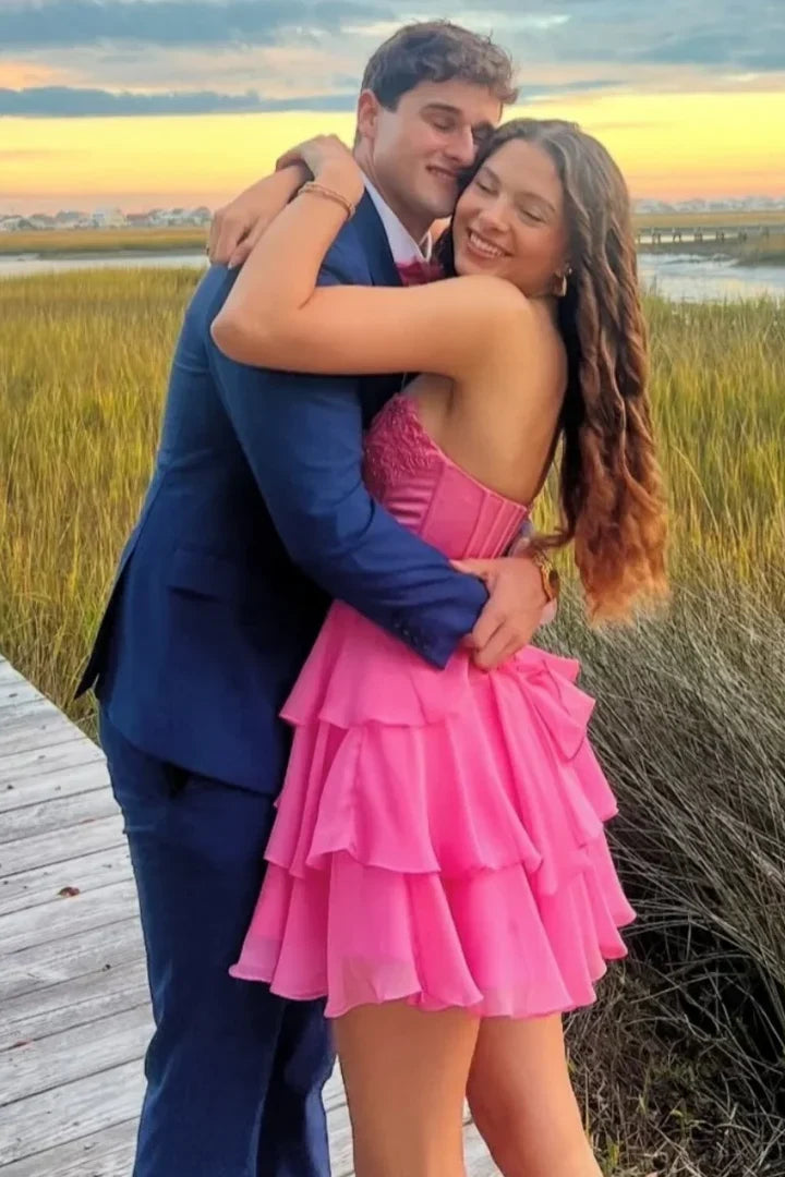 Strapless Pink A Line Homecoming Dress Layered Short Dress J11447