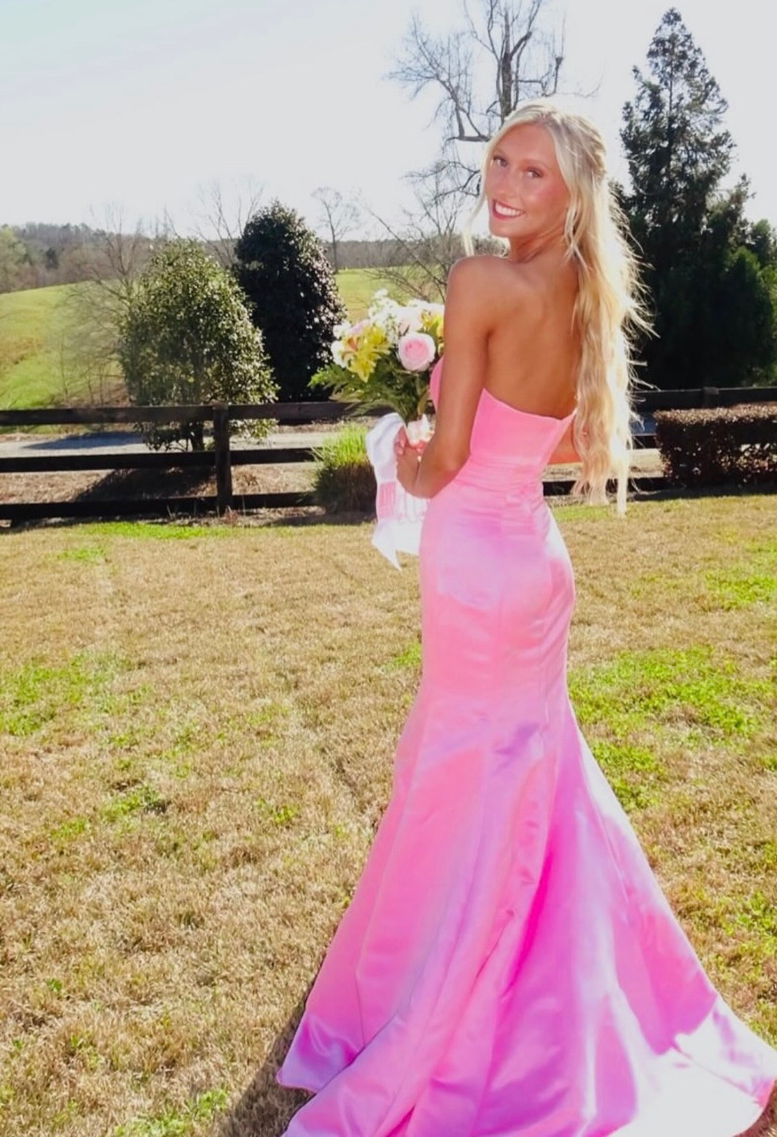 Strapless Pink Mermaid Formal Prom Dress With Bow Knot