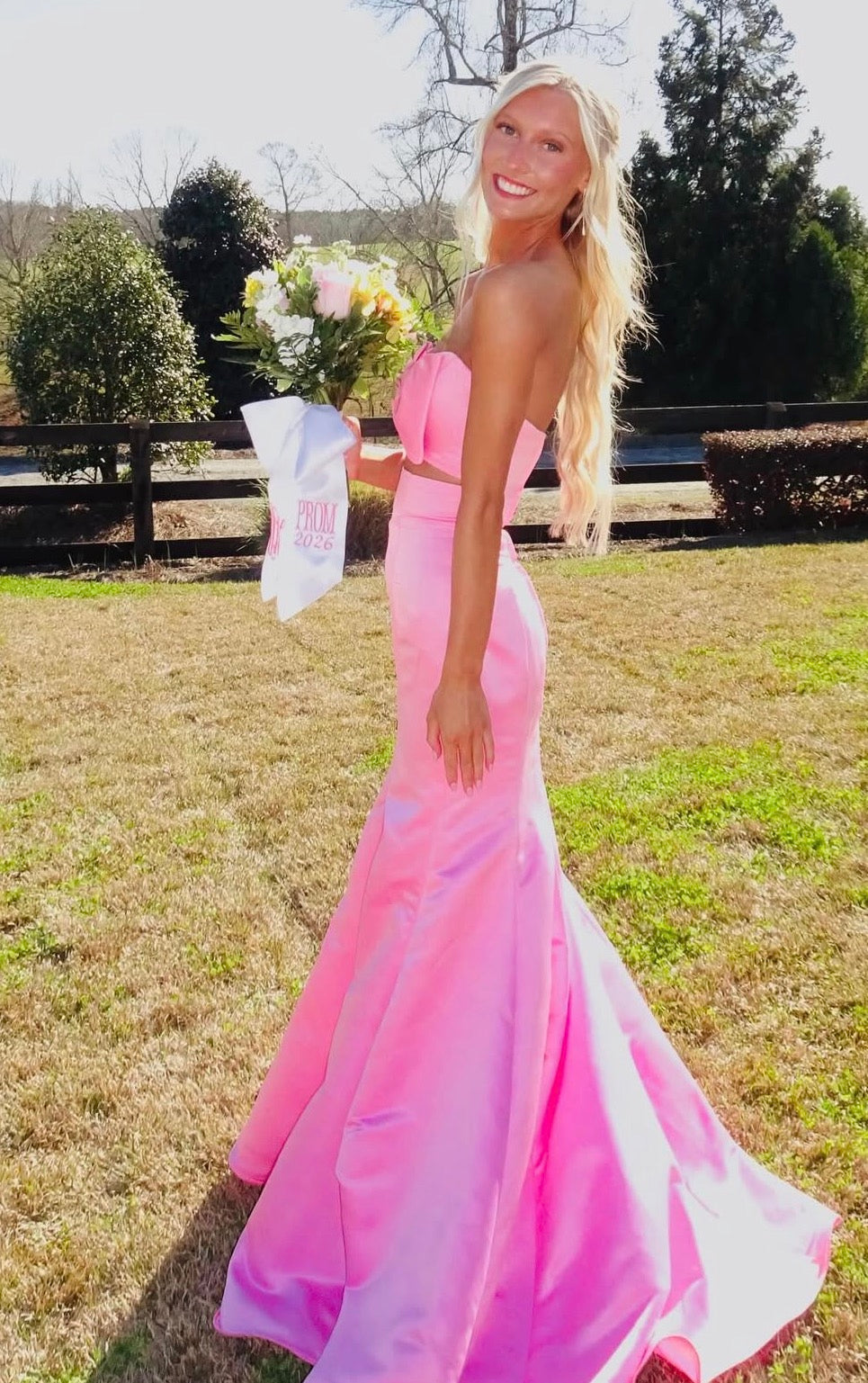 Strapless Pink Mermaid Formal Prom Dress With Bow Knot