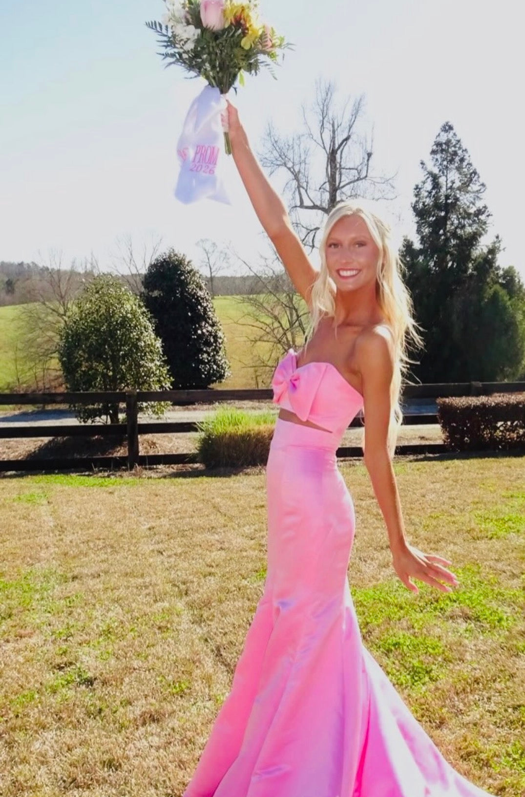 Strapless Pink Mermaid Formal Prom Dress With Bow Knot