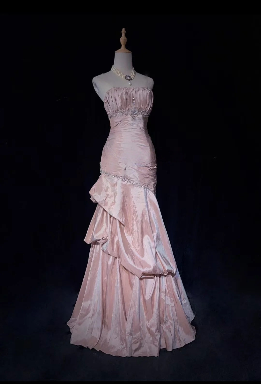 Strapless Pink Mermaid Prom Dress Taffeta Retro Evening Dress