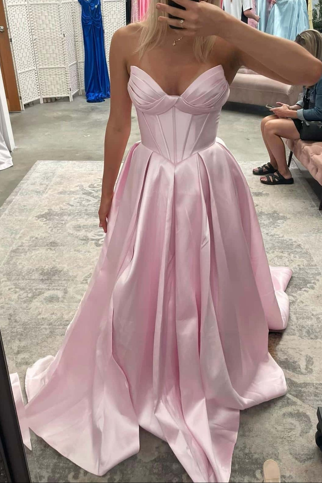 Strapless Pink Pleated A-line Long Dress with Slit