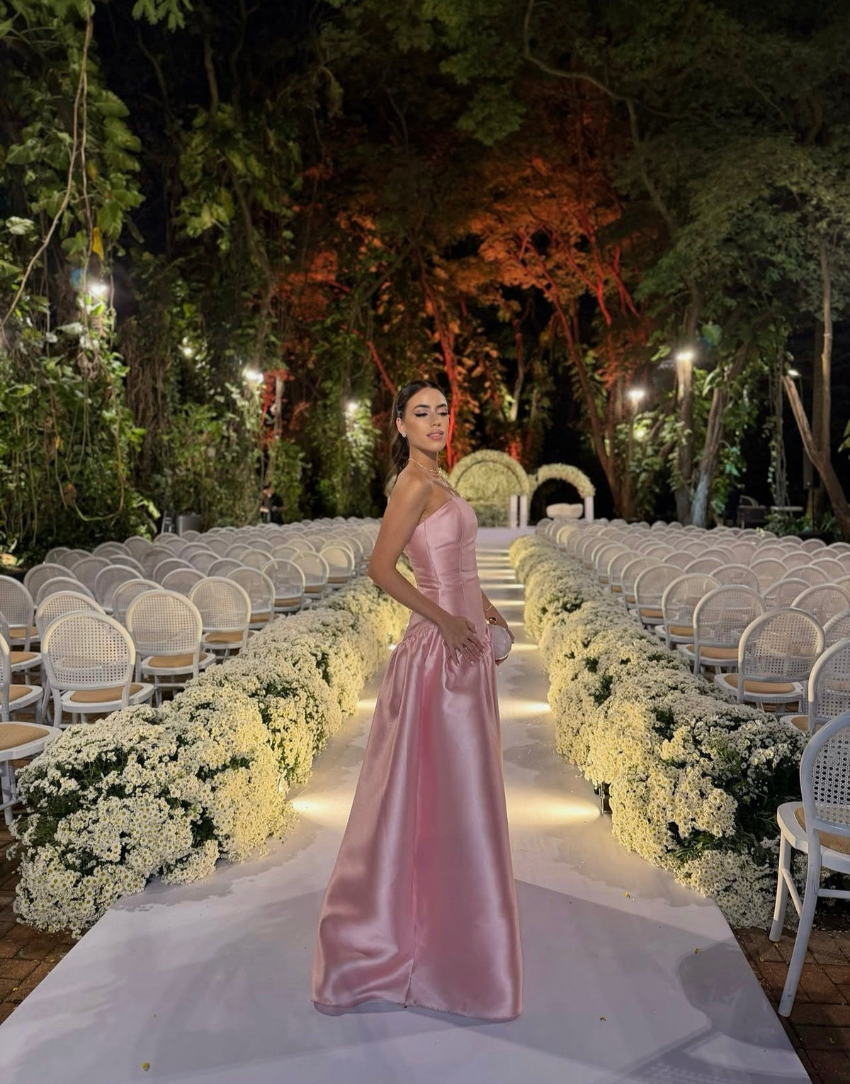 Strapless Pink Satin Wedding Guest Dress A-Line Formal Prom Dress