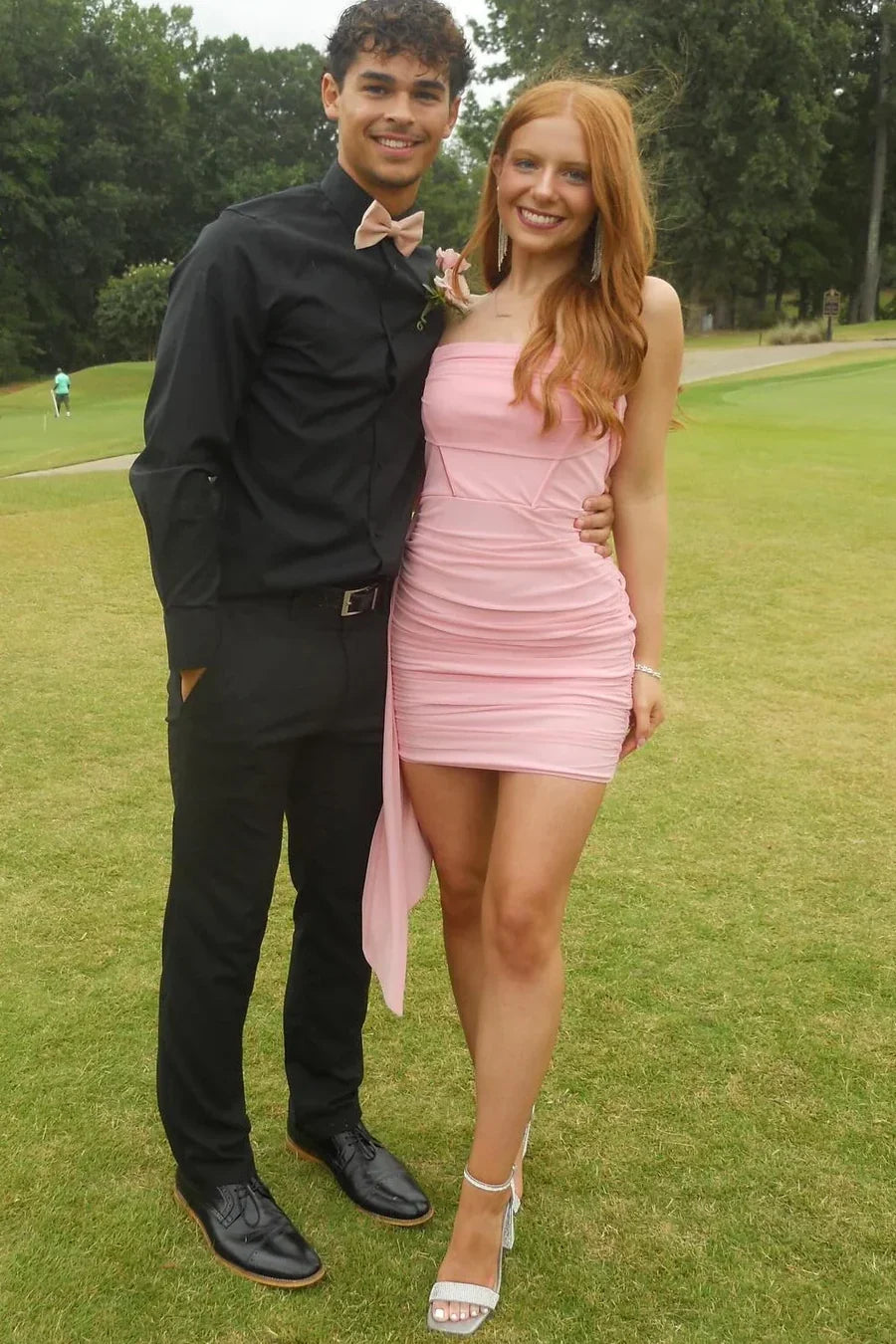 Strapless Pink Sheath Chiffon Homecoming Dress