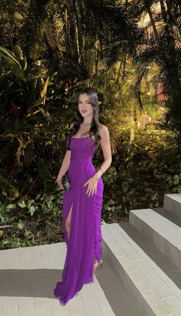 Strapless Purple Chiffon Prom Dress With Slit Formal Wedding Guest Dress
