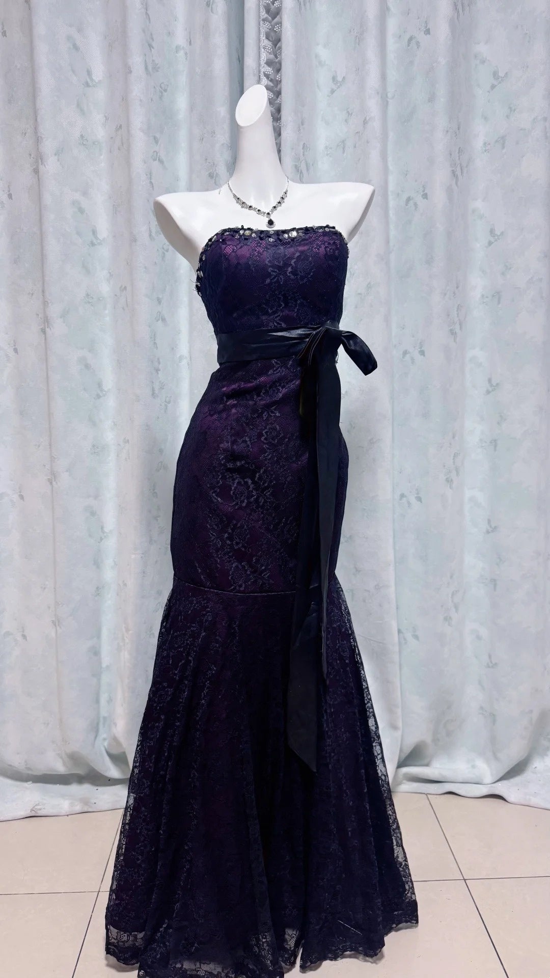 Strapless Purple Mermaid Lace Prom Dress Formal Evening Dress