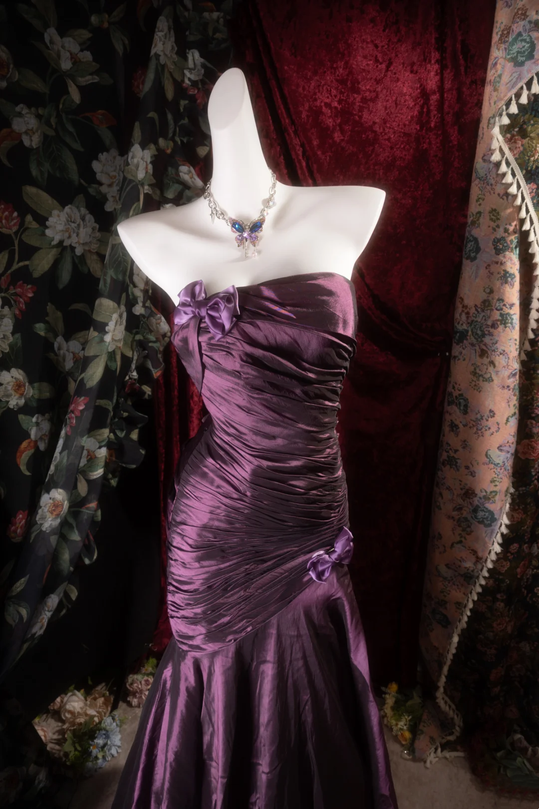 Strapless Purple Satin Prom Dress Retro Formal Evening Gown J10117