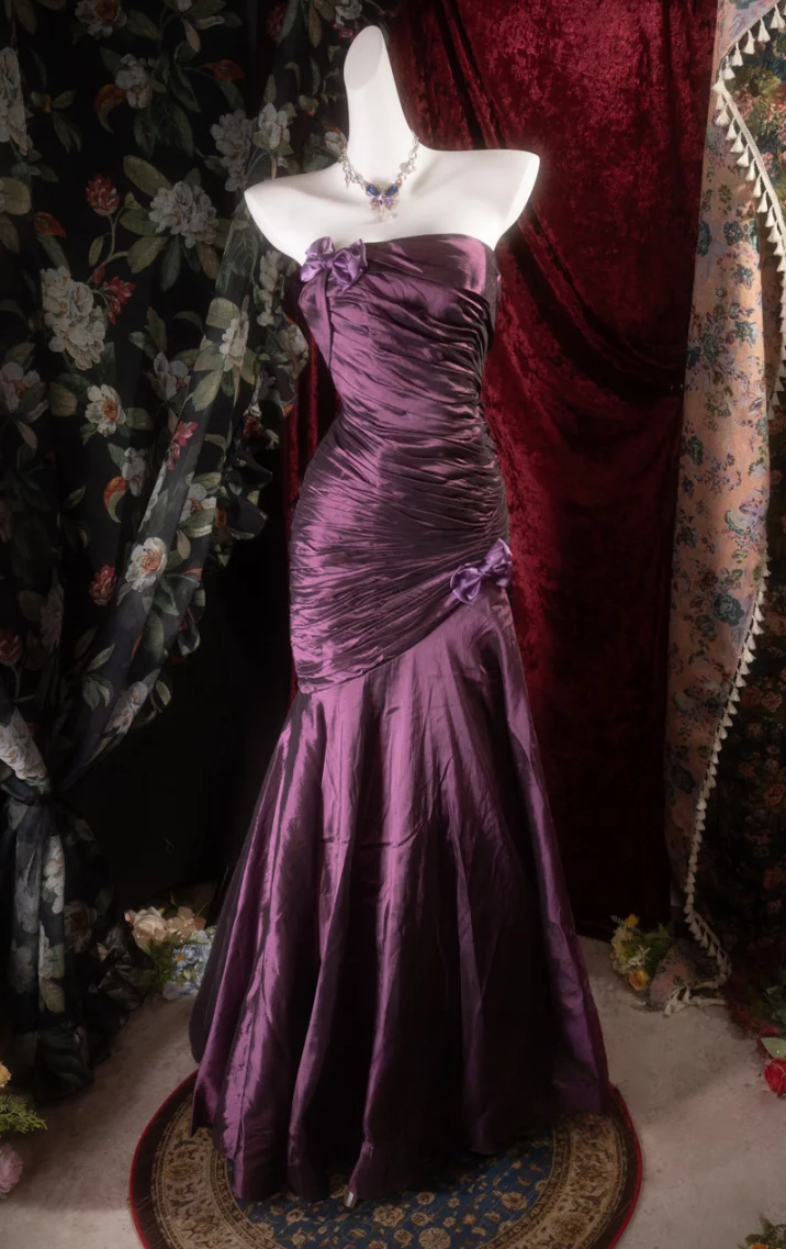 Strapless Purple Satin Prom Dress Retro Formal Evening Gown J10117