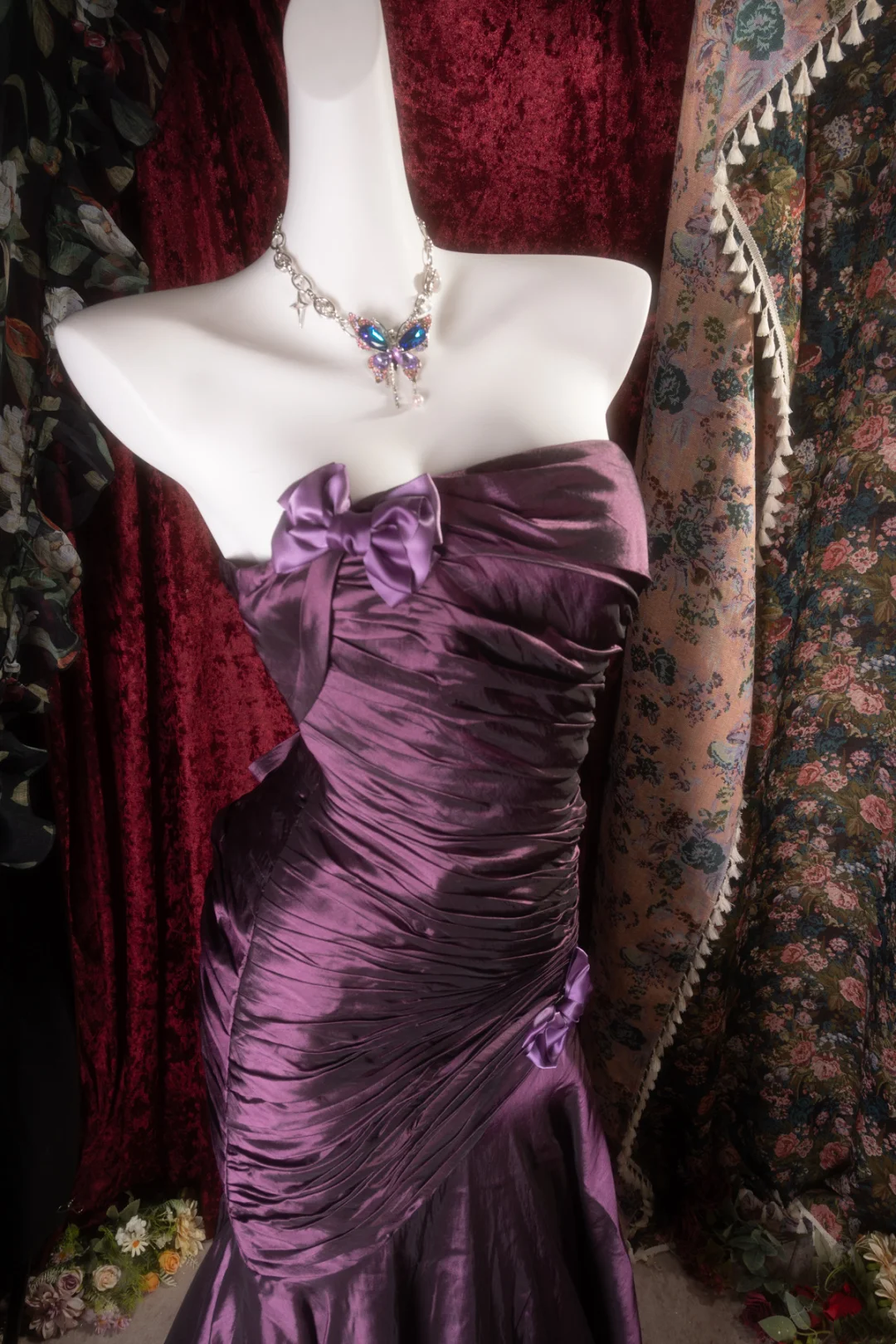 Strapless Purple Satin Prom Dress Retro Formal Evening Gown J10117