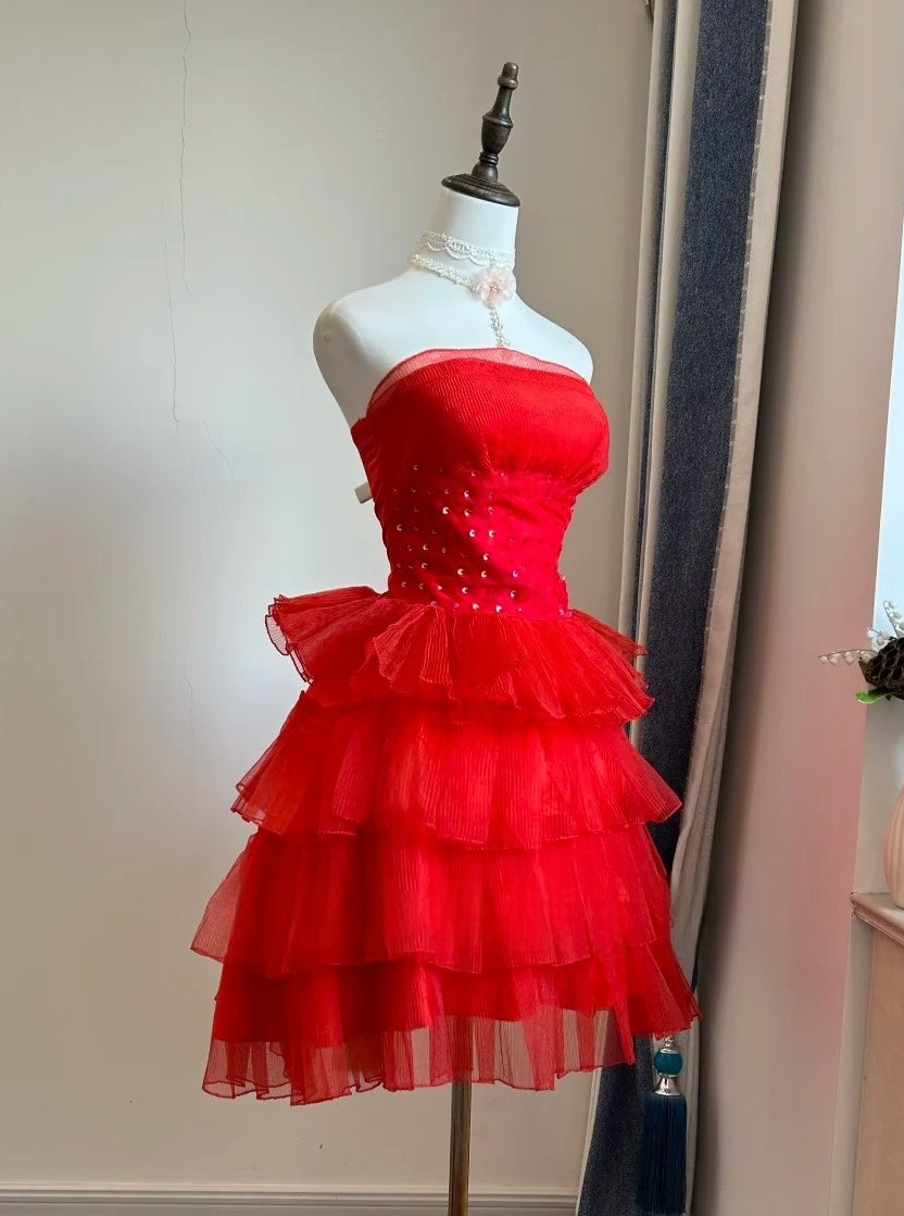 Strapless Red A-Line Homecoming Dress Layered Birthday Dress