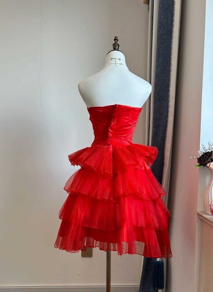 Strapless Red A-Line Homecoming Dress Layered Birthday Dress