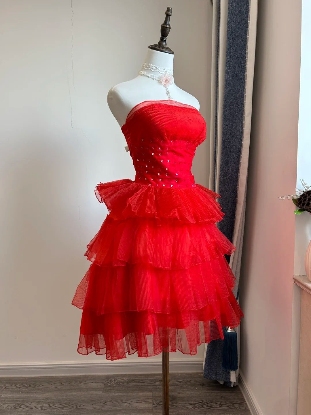 Strapless Red A-Line Homecoming Dress Layered Birthday Dress