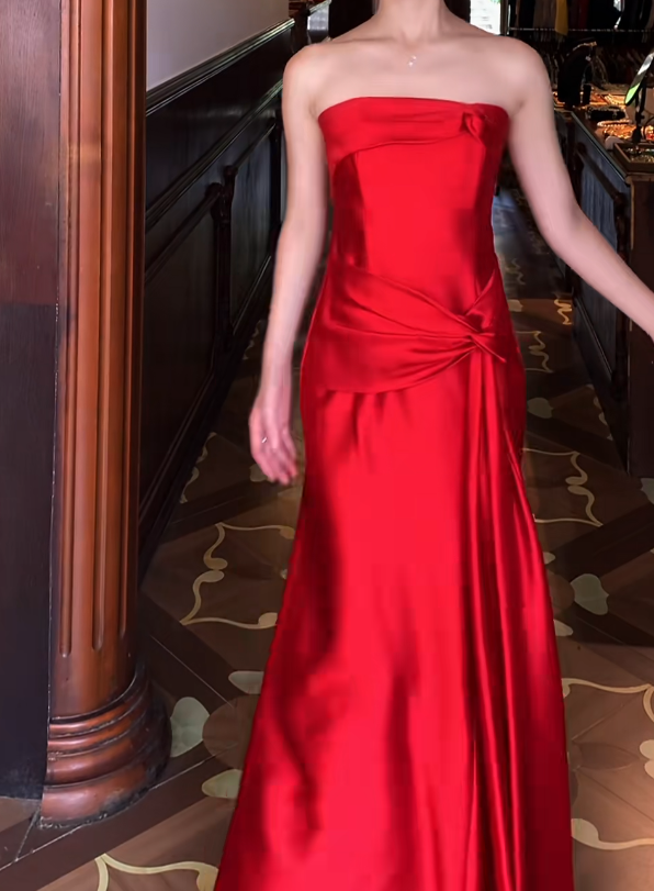 Strapless Red A Line Satin Formal Prom Dress J9680