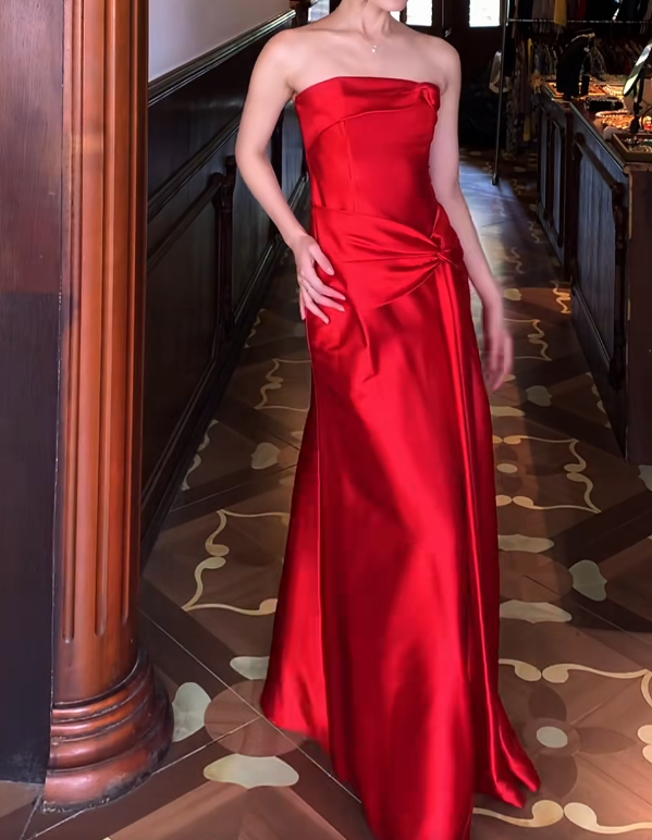 Strapless Red A Line Satin Formal Prom Dress J9680