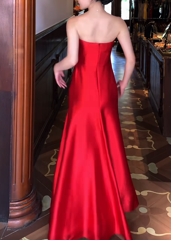 Strapless Red A Line Satin Formal Prom Dress J9680