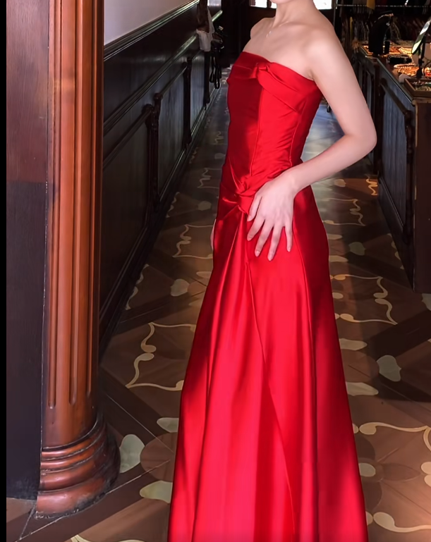 Strapless Red A Line Satin Formal Prom Dress J9680