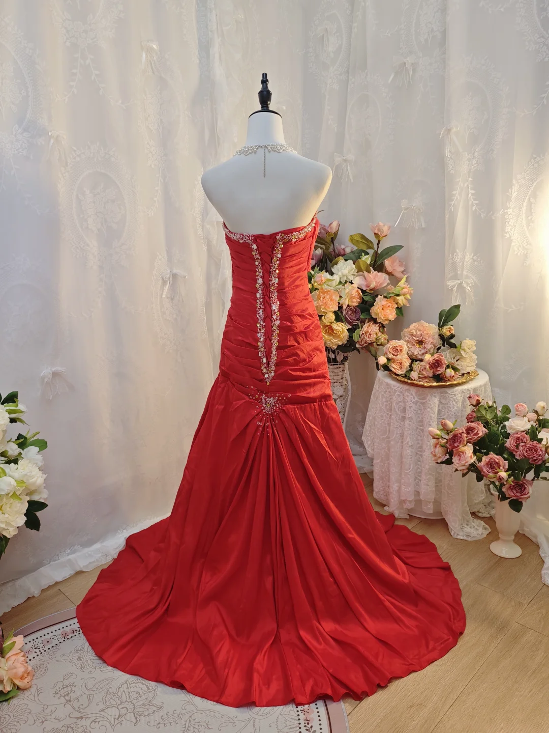 Strapless Red Satin Retro Formal Prom Dress Beaded Birthday Gown J10114