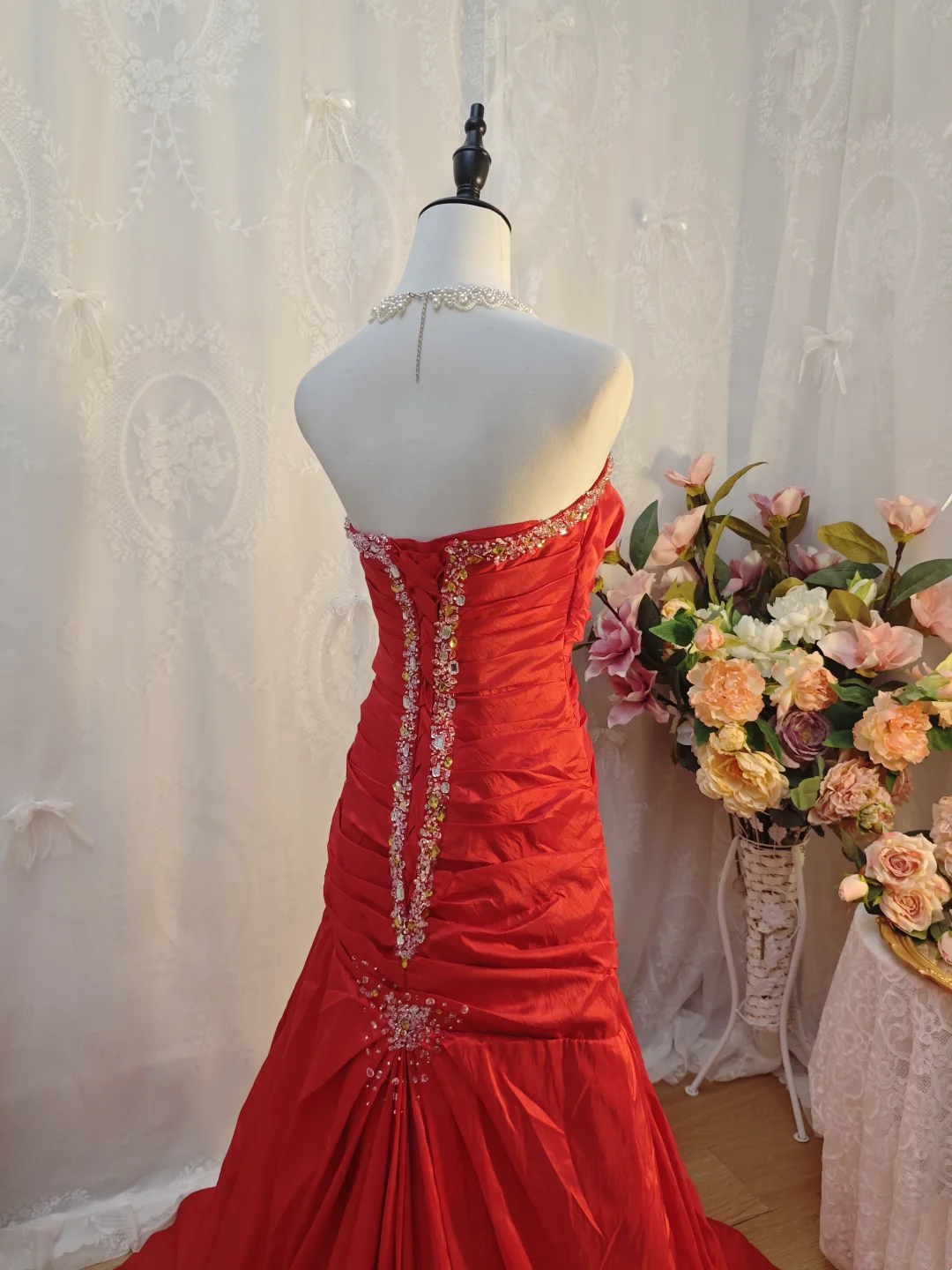 Strapless Red Satin Retro Formal Prom Dress Beaded Birthday Gown J10114