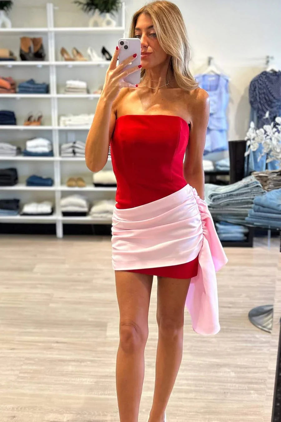 Strapless Red Sheath Satin Homecoming Dress