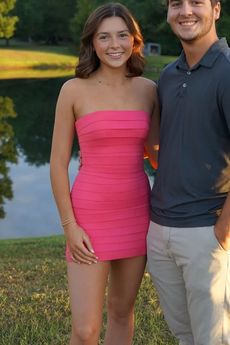 Strapless Rose Pink Sheath Mini Homecoming Dress