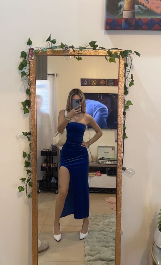 Strapless Royal Blue Sheath Homecoming Dress With Slit