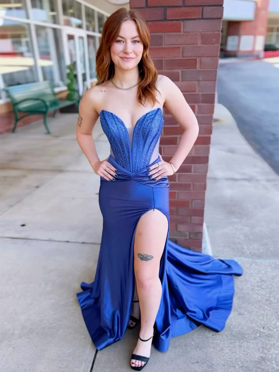 Strapless Royal Blue V Neck Beaded Long Prom Dress with Slit