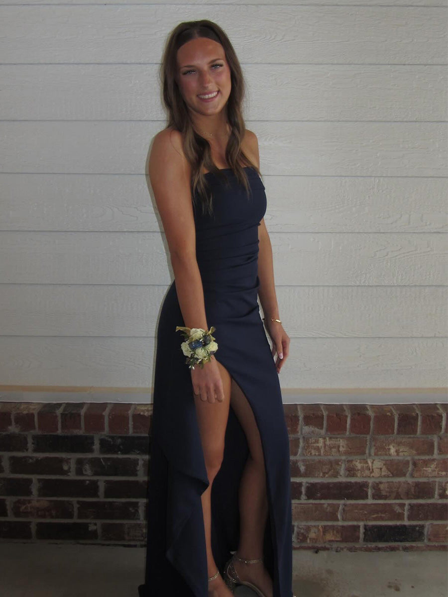 Strapless Ruched Long Prom Dress with Slit - View 6 | FashionDia
