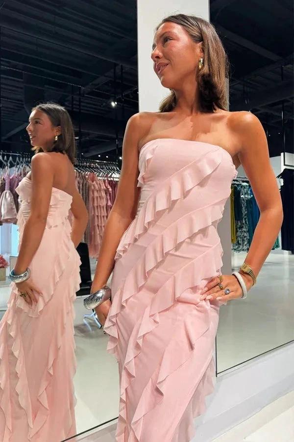 Strapless Ruffle Chiffon Pink Bridesmaid Dress with Slit (ZD12831)