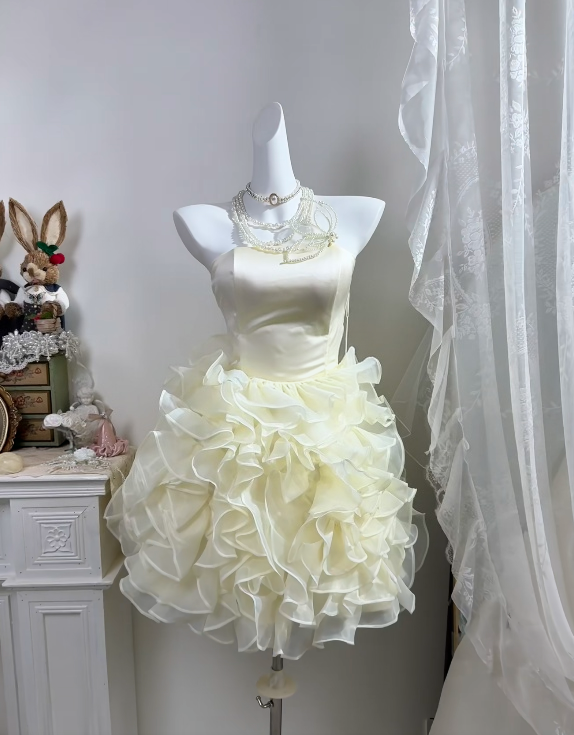 Strapless Ruffled Yellow Homecoming Dress Short Birthday Dress