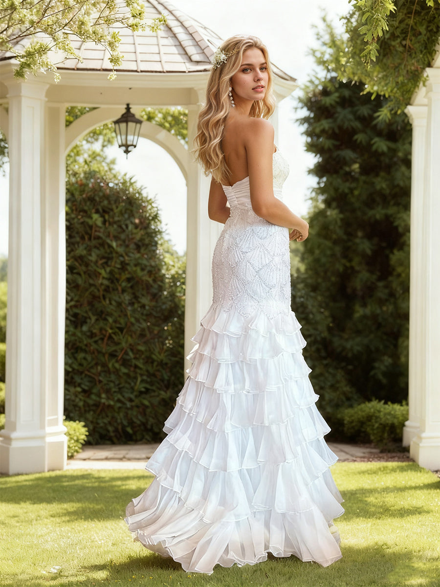 Strapless Scalloped Beaded Bodice Tiered Ruffle Prom Dress