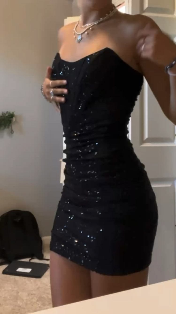Strapless Sheath Black Homecoming Dress Sparkle Party Dress