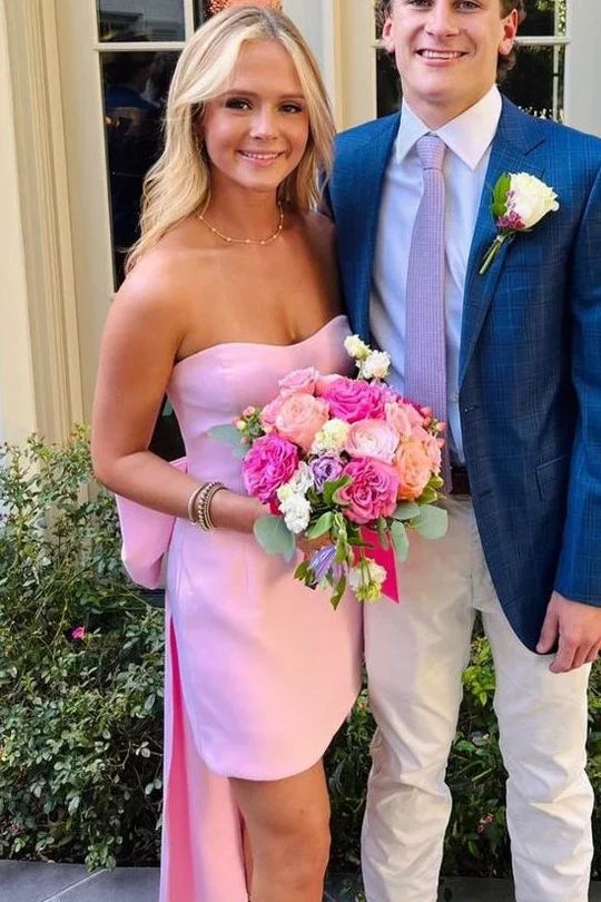 Strapless Sheath Pink Homecoming Dress With Bow Knot
