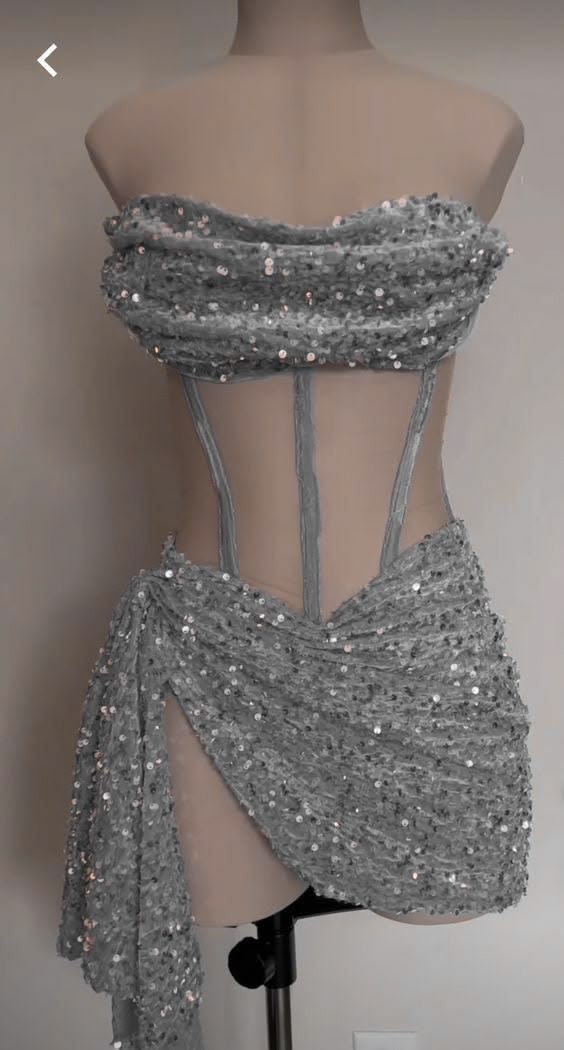 Strapless Silver Sequin Sheath Mini Homecoming Dress J11674