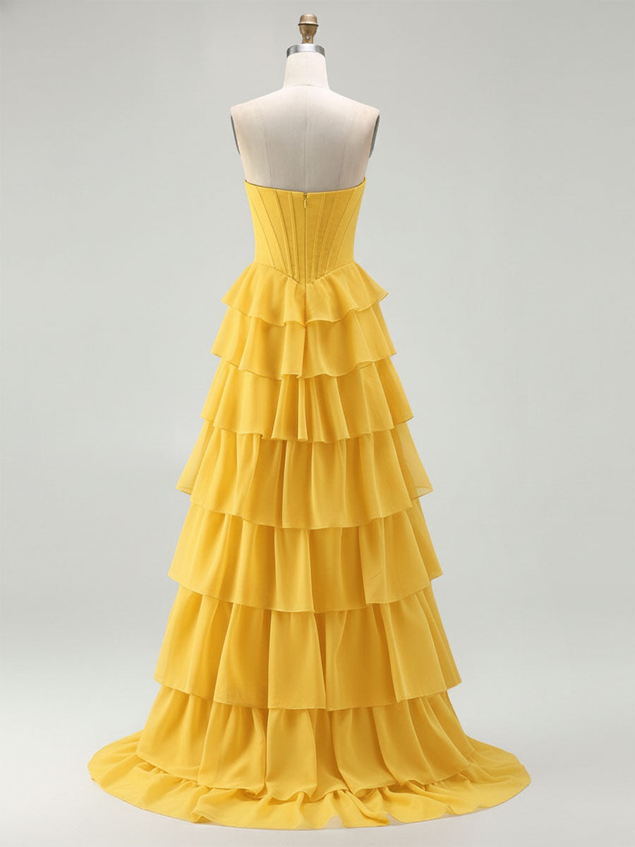 Strapless Tiered Ruffle Corset Prom Dress with Beaded Fringe