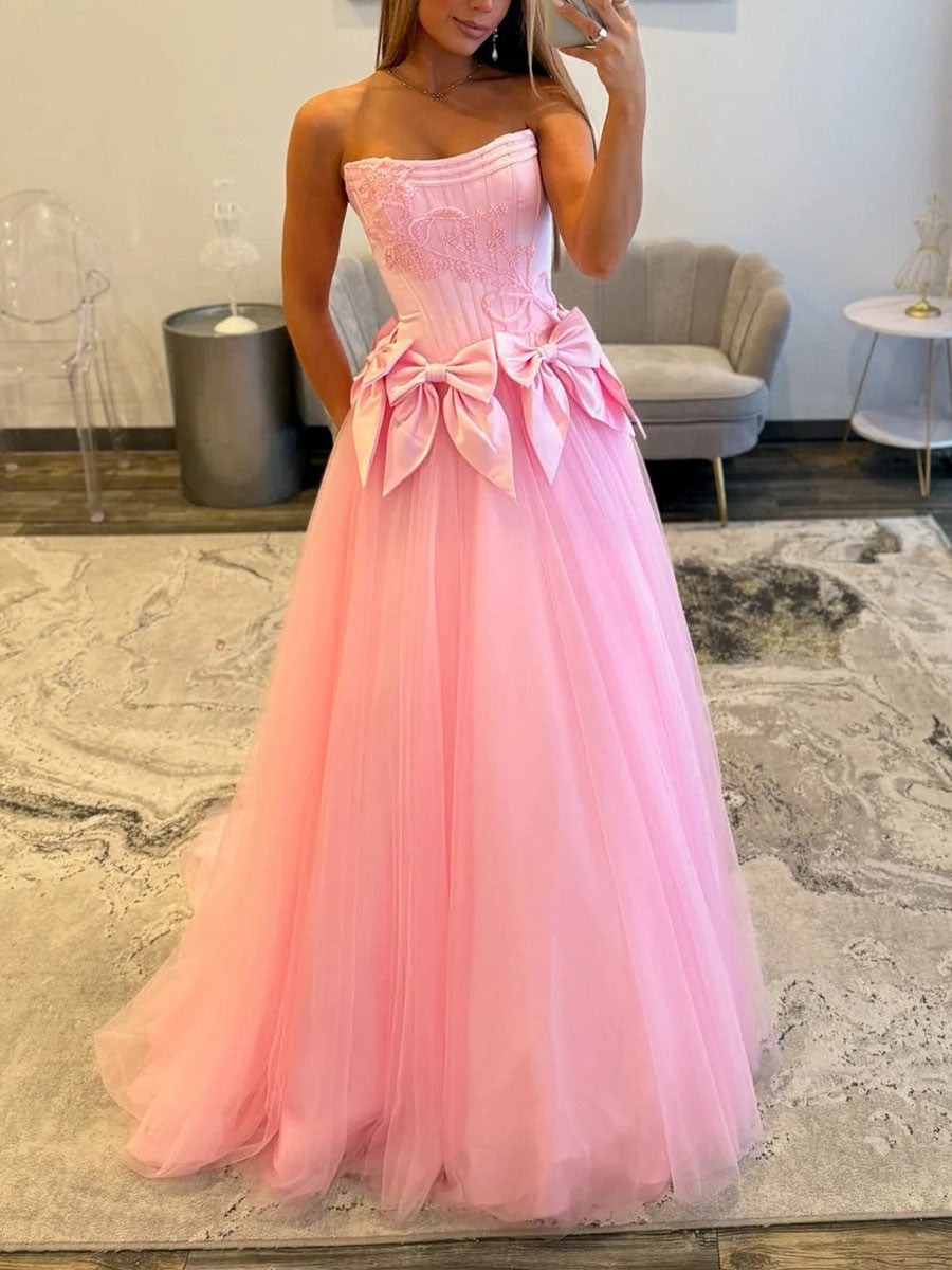 Strapless Tulle Long Prom Dress with Statement Bow-Waist