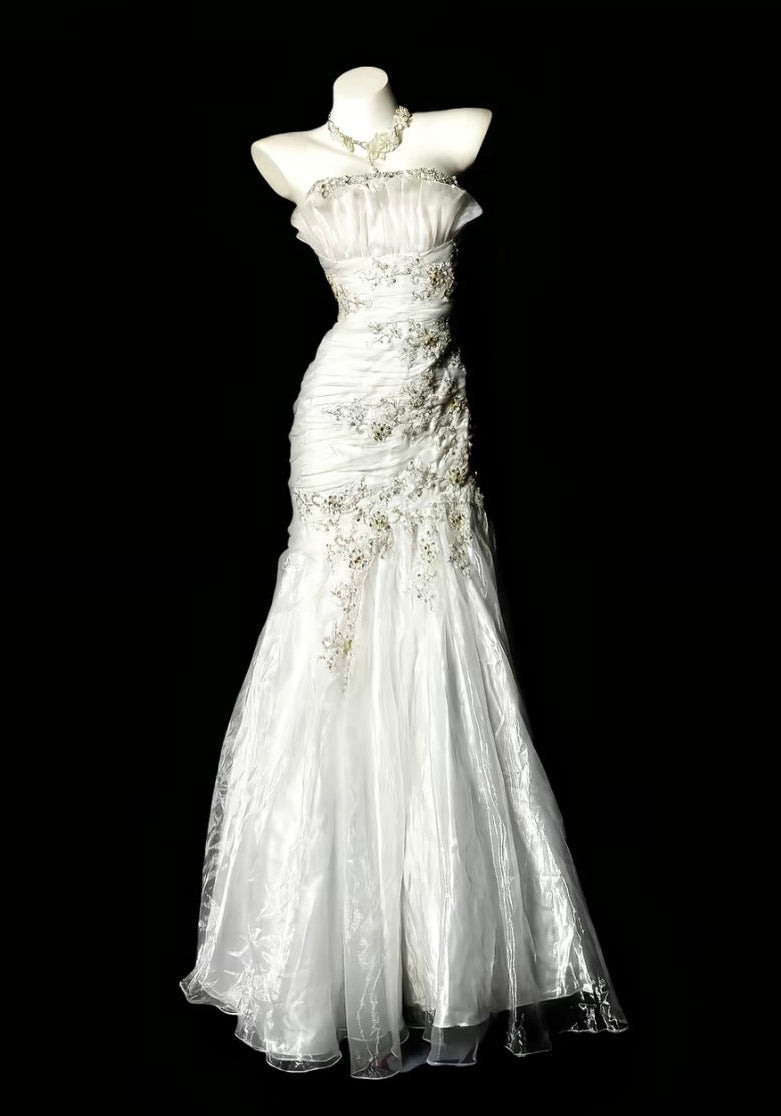 Strapless White Mermaid Evening Dress Appliques Graduation Dress