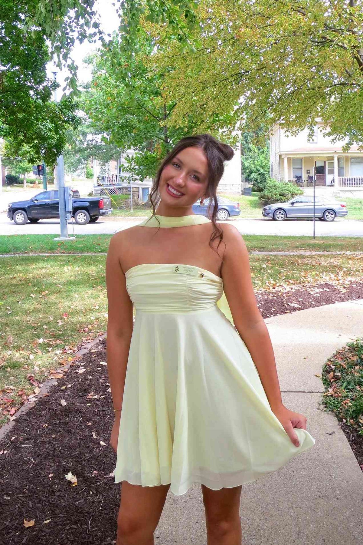 Strapless Yellow Chiffon A-Line Homecoming Dress With Scarf